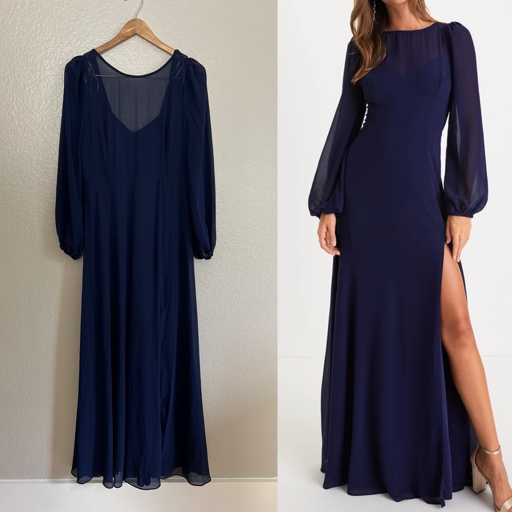Navy Backless Balloon Sleeve Maxi Dress